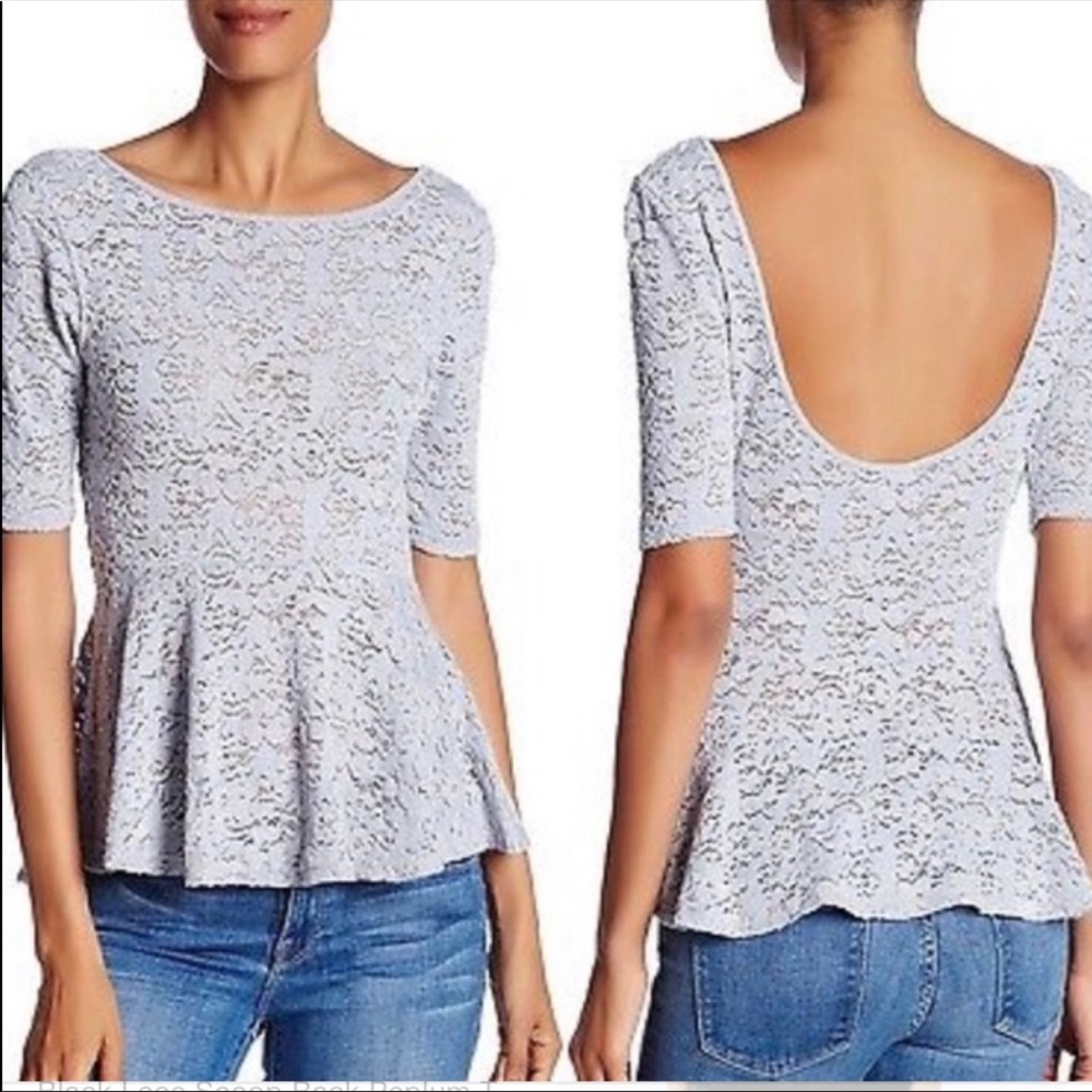 Free People Light Blue Lace Peplum Short Sleeve Top